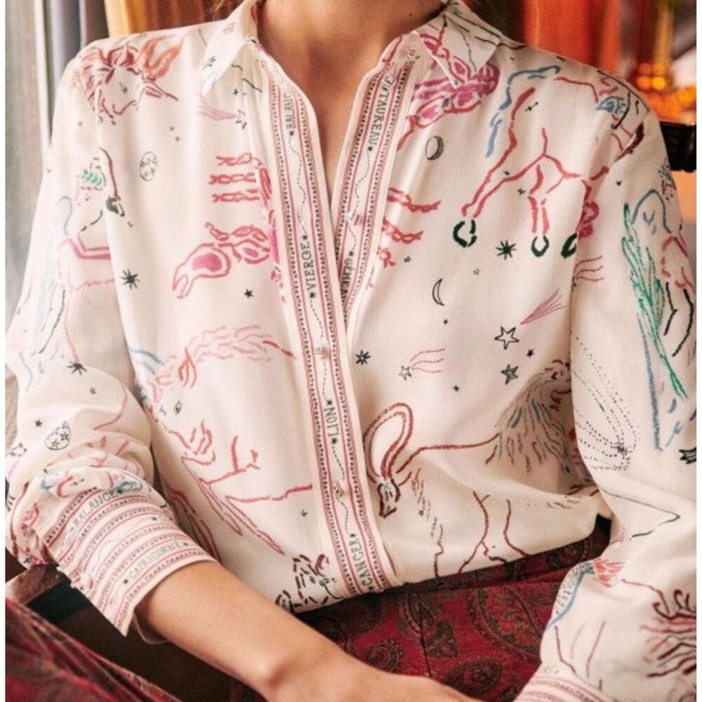 RARE Sezane Ann silk shirt  zodiac multicolor pink blue red sz40 US8 bust41
